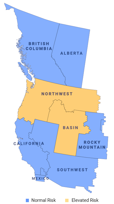 Map of the Western Interconnection indicating normal risk levels for the British Columbia, Alberta, California, Rocky Mountain, Southwest, and Mexico subregions, with elevated risk identified in the Basin and Northwest regions.