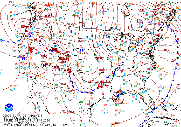 Above: U.S. surface map animation from January 14-17, 2024 showing the progression of the Arctic cold front and surface high pressure.