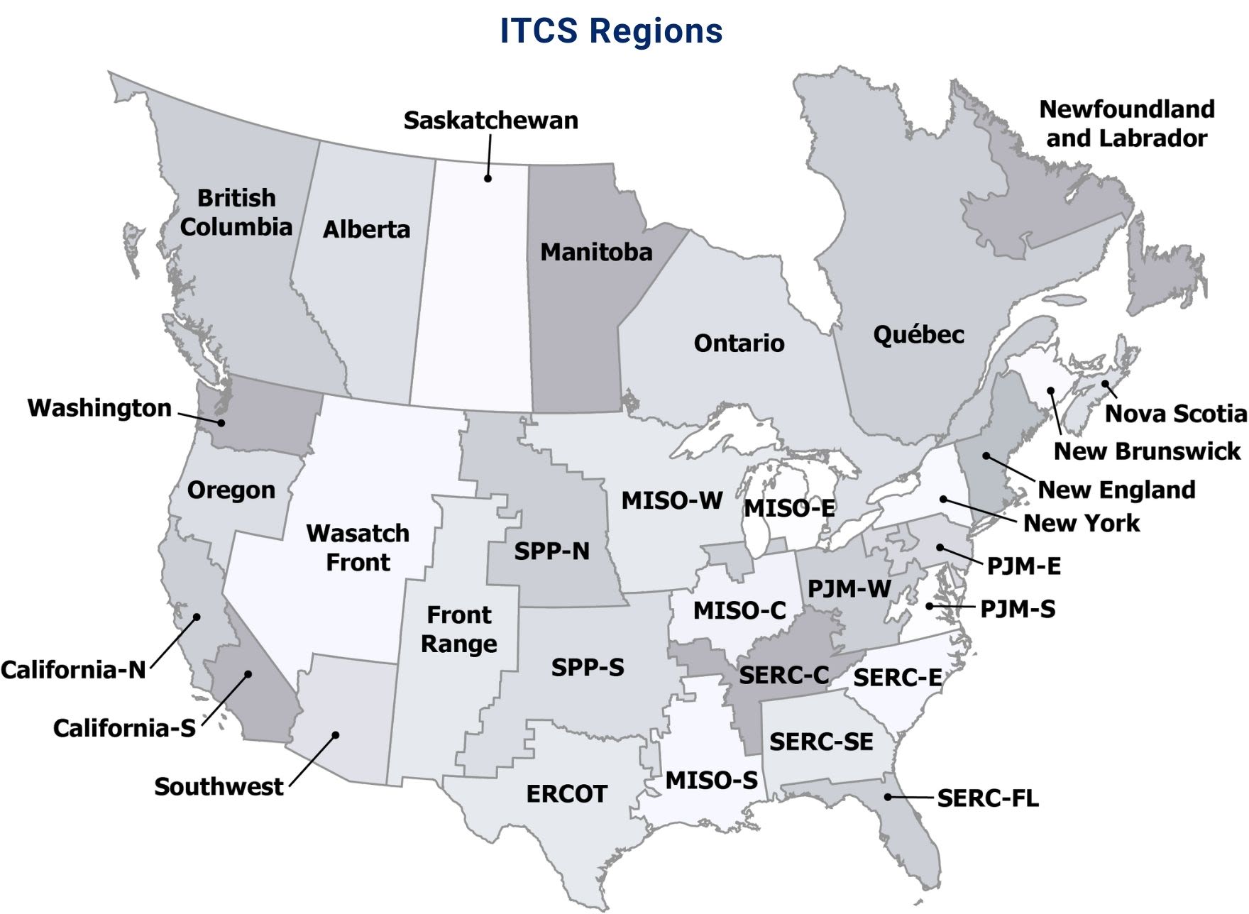 Map showing ITCS regions in North America 